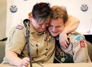 Stewart House/Gett Jennifer Tyrrell (left) hugs Pascal Tessier at a news conference in Grapevine, Texas, following the BSA's decision to end its policy of prohibiting openly gay youths from participating in Scout activities. 