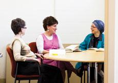 From left: Happiness Club members Joyce Dreyfuss, Betty Cherniak and Sema Ely discuss the different ways they make themselves happy. (Justin Tsucalas)