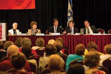 From left: Marcie Nathan, Sherry Altura, Dr. Jeffrey Kahn, Dr. Josh Schroeder and Rabbi Avram Reisner take on bioethical questions at Hadassah’s annual meeting in Baltimore. (Provided)