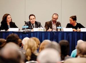 J Street panelists took a critical look at the role of the  American Jewish community in Israeli decision making.  From left: Rebecca Shimoni-Stoil, Washington correspondent, Times of Israel; Rabbi Steve Gutow, executive director, Jewish Council for Public Affairs; Jay Michaelson, contributing editor, Jewish Daily Forward; MK Ruth Calderon (Yesh Atid).