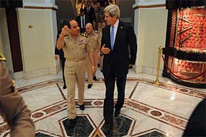 Egyptian Minister of Defense General Abdul Fatah Khalil al-Sisi bids farewell to U.S. Secretary of State John Kerry  earlier this year. (State Department/Public Domain)