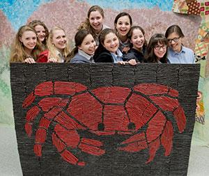 The young women of Bais Yaakov have created stunning works of art — out of any number of materials. Shown here, one group has constructed a crab from Twizzlers. (David Stuck)