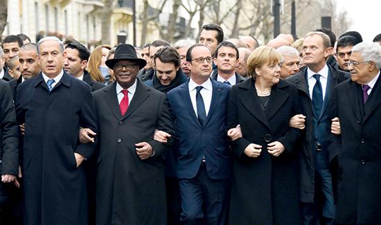 From left: Israeli Prime Minister Benjamin Netanyahu, Malian President Ibrahim Boubacar Keita, French President Francois Hollande and German Chancellor Angela Merkel lead a solidarity rally in Paris attended by more than 1 million supporters to condemn the brutal attacks recently seen in the city. (Aurelien Meunier/Getty Images)