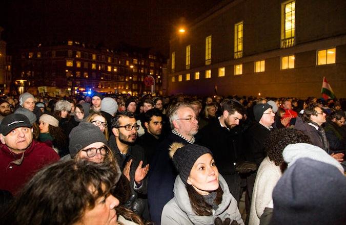 Thousands attend a solidarity march at Copenhagen’s Great Synagogue following the slaying of a Jewish volunteer guard outside the building early Sunday morning. (Sille Arendt) 