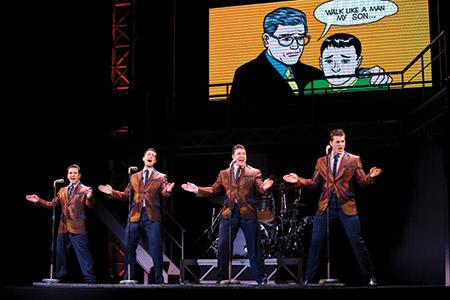 The cast of “Jersey Boys” lines up to sing the hit “Walk Like a Man.” (Jeremy Daniel)