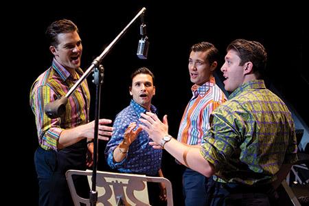The “Jersey Boys” give it their all during a scene in the recording studio. (Jeremy Daniel)